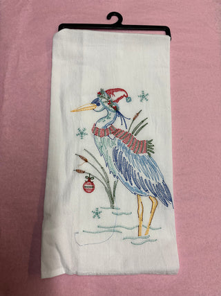 Christmas Heron Embroidered Kitchen Towel