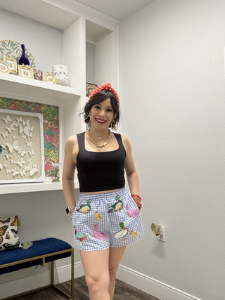 QOS Blue & White Gingham Scattered Duck Short
