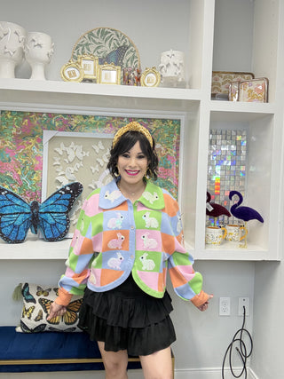 QOS Pastel Colorblock Easter Bunny Button Up Collar Cardigan