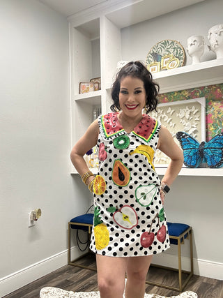 QOS White & Black Polka Dot Multi Fruit Collar Cotton Tank Dress