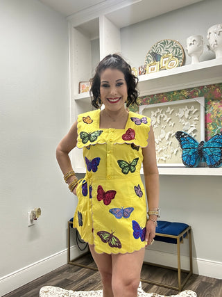 QOS Yellow Multi Butterfly Wrap Tie Romper