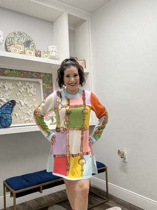 QOS Multi Colorblock Knit Horse Bit Long Sleeve Dress