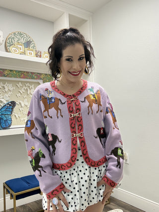 QOS Lavender & Pink Jockey and Horse Button Up Cardigan