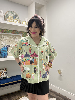 QOS Pale Green Embroidered Trim Farmers Market Button Up Top