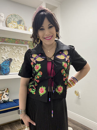 QOS Black Flower, Bird & Fish Cotton Tie Up Top