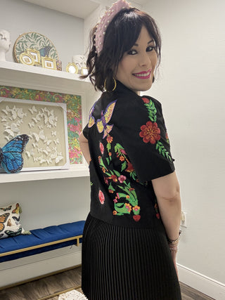 QOS Black Flower, Bird & Fish Cotton Tie Up Top