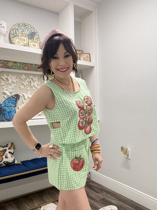 QOS Green Gingham Tomato Side Cut Out Tank