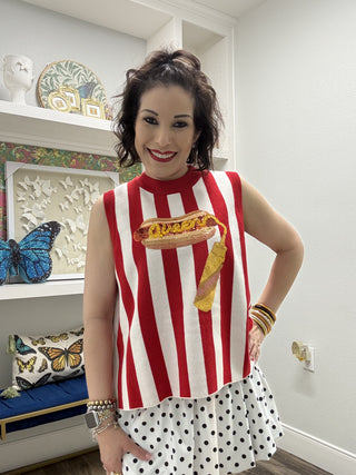 QOS Red & White Striped Queen Mustard on Hot Dog Knit Tank