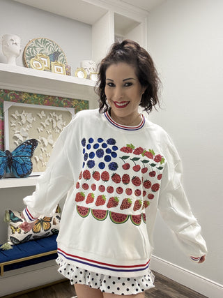 QOS White Fruit USA Flag Sweatshirt