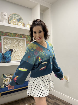 QOS-Multi Firework Over Boat Knit Cardigan