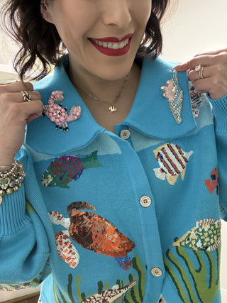 QOS Blue Under the Sea  Button Up Collar Cardigan