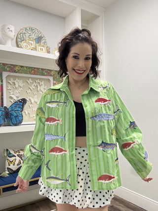 QOS Green Striped Multi Fish Button Up Top