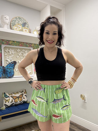QOS Green Striped Multi Fish Shorts