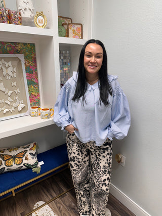 Ruffle Me Pinstripe Blue Top