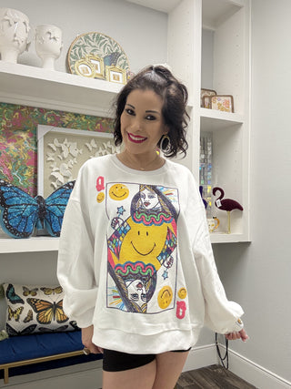 QOS-Licensed White Smiley Queen card Sweatshirt