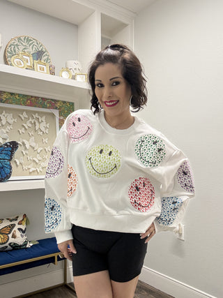 QOS Licensed White Scattered Multi Smiley Sweatshirt