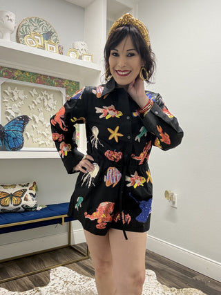 QOS Black Multi Under the Sea Cotton Button Up Romper