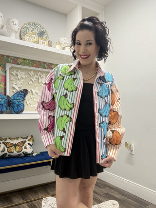 QOS Colorblock Stripe Cotton Banana Button Up Top