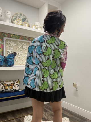 QOS Colorblock Stripe Cotton Banana Button Up Top