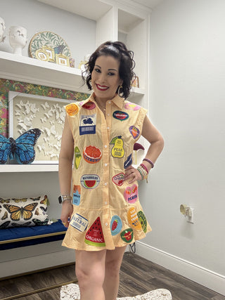 QOS Yellow Gingham Fruit Sticker Button Up Collar Tank Dress