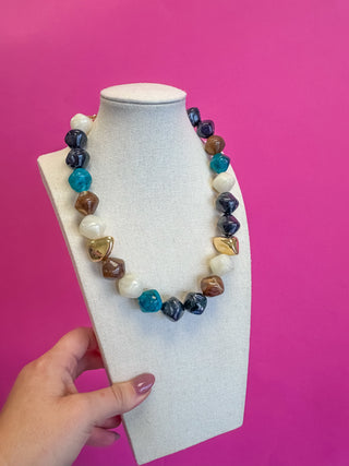 Stone Necklace - Mix Bead - Brown and Teal