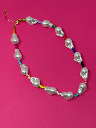 Necklace - Pearl with Multi Colored Seed Bead