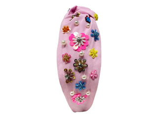 *Headband Knot - Pink with Multi Colored Flower Sequin