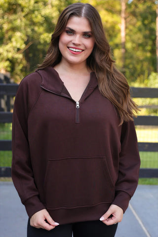 Jess Lea Kayla Luxe Hooded Quarter Zip Pullover- Chocolate