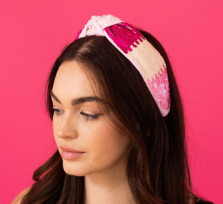 *Headband Knot - Pink and White Color Block Sequin