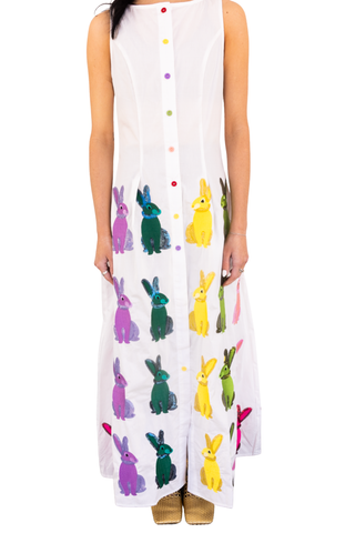 QOS White Multi Easter Bunny Button Up Cotton Midi Dress