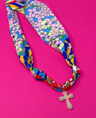 Scarf Charm Necklace – Blue Floral with Pearl Cross