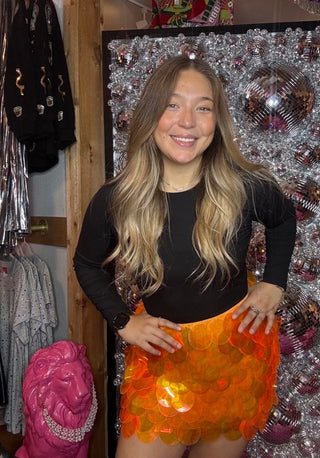 Orange Oversized Disc Sequin High Waisted Mini Skirt