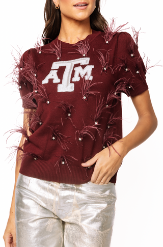 QOS Licensed Texas A&M Mascot Scattered Jewel Feather Short Sleeve Sweater