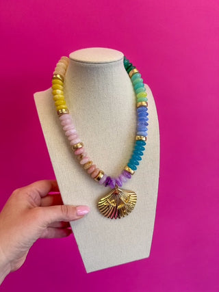 Beaded Necklace - Pastel Multi with Sea Shell