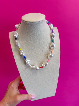 Necklace - Pearl with Multi Colored Seed Bead