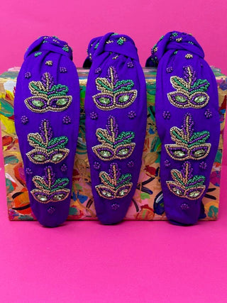Headband Knot - Mardi Gras Mask with Feathers