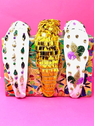*Headband Knot - Mardi Gras - White with Sequin Fleur De Lis