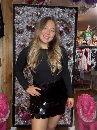 Black Oversized Disc Sequin High Waisted Mini Skirt