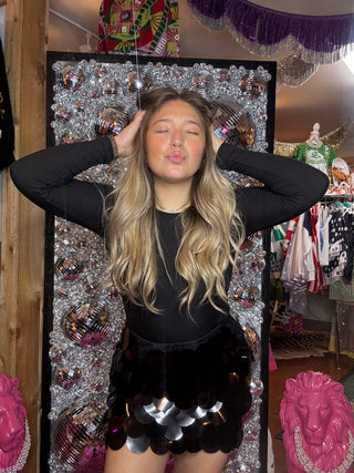 Black Oversized Disc Sequin High Waisted Mini Skirt