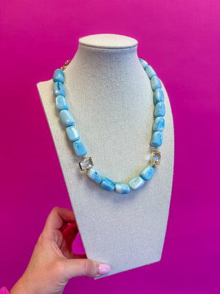 Chunky Bead with Rhinestone Necklace - Blue
