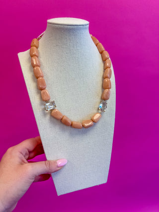 Chunky Bead with Rhinestone Necklace - Coral