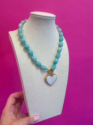 Beaded Necklace - Blue Bead with Gold Heart Pendant