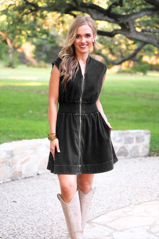 Refined Denim Zipper Dress- Black