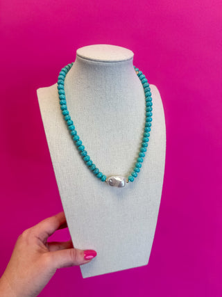 Bead with Pearl Necklace - Turquoise