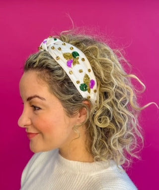 *Headband Knot - Mardi Gras - White with Sequin Fleur De Lis