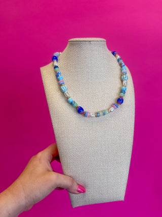 Statement Necklace - Mixed Bead with Ceramic Beads - Blue