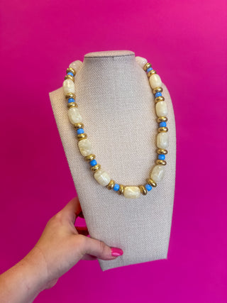 Statement Necklace - Chunky Beads - Ivory and Blue