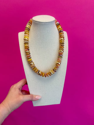Colorful Chunky Bead with Gold Bead Necklace - Tan