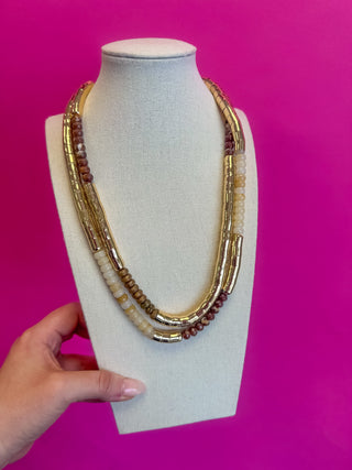 Bead and Gold Leather Necklace - Brown