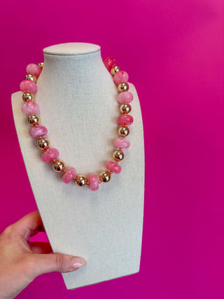 Colorful Bead with Gold Bead Necklace - Pink